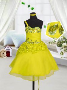 Yellow Sweetheart Neckline Beading and Appliques and Hand Made Flower Little Girl Pageant Dress Sleeveless Lace Up