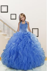Nice Ball Gowns Girls Pageant Dresses Blue Halter Top Organza Sleeveless Floor Length Lace Up