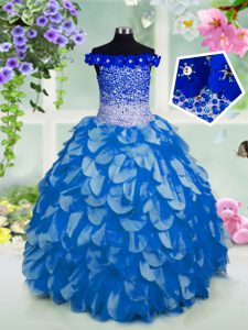 Trendy Off the Shoulder Organza Short Sleeves Floor Length Kids Formal Wear and Beading and Sashes ribbons and Sequins