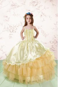 Orange Sleeveless Embroidery and Ruffled Layers Floor Length Little Girls Pageant Gowns