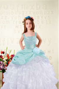 Luxurious Floor Length Lace Up Little Girl Pageant Gowns Aqua Blue for Military Ball and Sweet 16 and Quinceanera with Beading and Ruffled Layers and Hand Made Flower