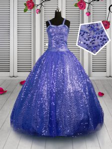 Blue Lace Up Kids Pageant Dress Beading and Sequins Sleeveless Floor Length
