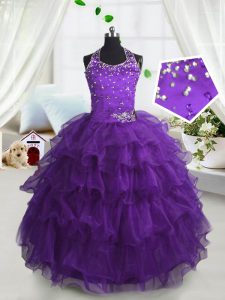 Purple Ball Gowns Organza Scoop Sleeveless Beading and Ruffled Layers Floor Length Lace Up Little Girl Pageant Gowns