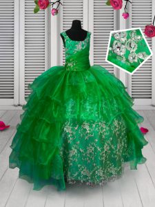 Straps Sleeveless Little Girls Pageant Dress Floor Length Appliques and Ruffled Layers Green Organza
