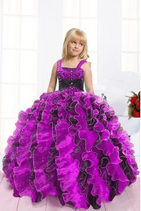 Floor Length Fuchsia Little Girl Pageant Dress Organza Sleeveless Beading and Ruffles