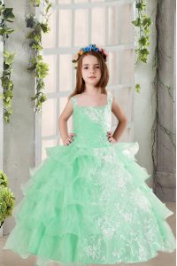 Inexpensive Organza Square Sleeveless Lace Up Lace and Ruffled Layers Little Girl Pageant Gowns in Turquoise