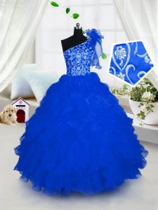 Fancy One Shoulder Sleeveless Lace Up Floor Length Embroidery and Ruffles Little Girl Pageant Gowns