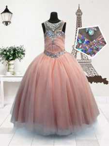 Superior Scoop Sleeveless Floor Length Beading Zipper Little Girls Pageant Dress with Pink