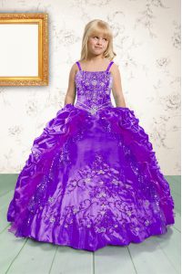 Purple Sleeveless Floor Length Beading and Appliques and Pick Ups Lace Up Kids Pageant Dress