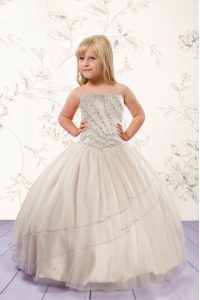 Top Selling Sleeveless Floor Length Beading Lace Up Pageant Gowns For Girls with Champagne