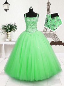Attractive Apple Green Sleeveless Floor Length Beading and Sequins Lace Up Girls Pageant Dresses