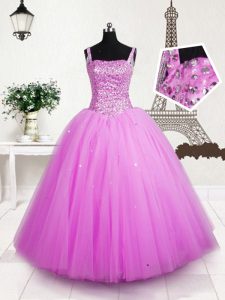 Luxurious Rose Pink Tulle Lace Up Little Girl Pageant Gowns Sleeveless Floor Length Beading and Sequins