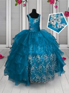 Aqua Blue Ball Gowns Organza Straps Sleeveless Appliques and Ruffled Layers Floor Length Lace Up Little Girls Pageant Gowns