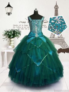 Straps Sleeveless Tulle Girls Pageant Dresses Beading and Belt Lace Up