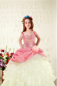 Pink Organza Lace Up Straps Sleeveless Floor Length Child Pageant Dress Beading and Ruffled Layers and Hand Made Flower