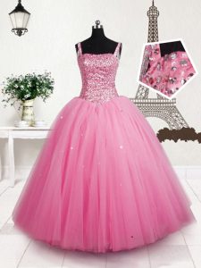 Dramatic Baby Pink Lace Up Kids Formal Wear Beading and Sequins Sleeveless Floor Length