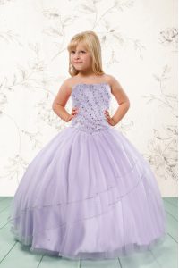 Lavender Ball Gowns Strapless Sleeveless Tulle Floor Length Lace Up Beading Little Girls Pageant Gowns