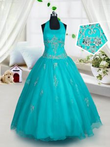 Glorious Halter Top Floor Length A-line Sleeveless Aqua Blue Little Girls Pageant Gowns Lace Up