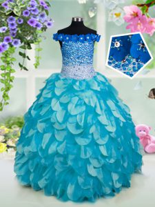 Organza Off The Shoulder Sleeveless Lace Up Beading and Sashes ribbons and Sequins Kids Formal Wear in Turquoise