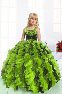 Nice Yellow Green Straps Neckline Beading and Ruffles Pageant Gowns For Girls Sleeveless Lace Up