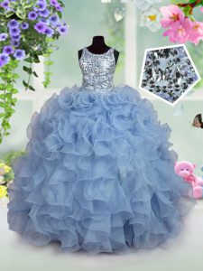 Custom Fit Sequins Ball Gowns Pageant Gowns For Girls Light Blue Scoop Organza Sleeveless Floor Length Zipper