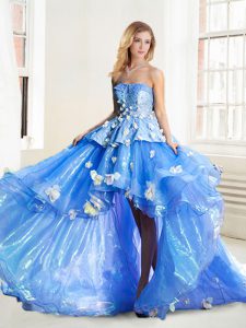 High Low Lace Up Ball Gown Prom Dress Blue for Prom with Appliques