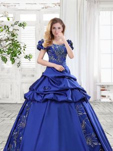 Customized Royal Blue A-line Taffeta Off The Shoulder Cap Sleeves Appliques and Pick Ups and Bowknot Floor Length Lace Up Vestidos de Quinceanera