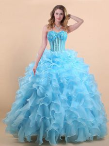 Floor Length Lace Up Quinceanera Dress Light Blue for Prom with Appliques and Ruffles