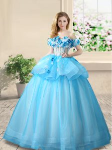 Lovely Baby Blue Off The Shoulder Lace Up Beading and Appliques 15 Quinceanera Dress Sleeveless