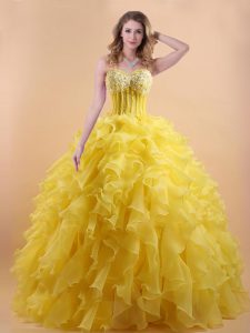 Gold Sleeveless Appliques and Ruffles Floor Length Quinceanera Dresses