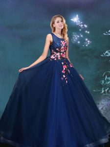 Fantastic Navy Blue 15 Quinceanera Dress Prom with Appliques Scoop Sleeveless Lace Up