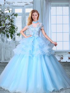 SeeThrough Light Blue Short Sleeves Floor Length Appliques and Ruffled Layers Lace Up Quinceanera Dresses