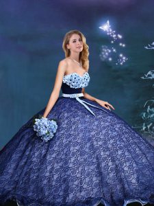 Pretty Lace Up Quince Ball Gowns Royal Blue for Prom with Appliques and Bowknot