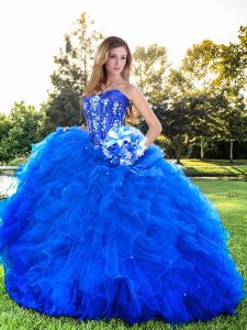Perfect Royal Blue Sleeveless Floor Length Beading and Ruffles Lace Up Quinceanera Dress