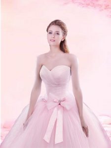 Baby Pink Sleeveless With Train Ruching and Bowknot Lace Up Sweet 16 Dresses