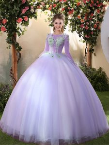 Scoop 3 4 Length Sleeve Tulle Floor Length Lace Up Sweet 16 Dress in Lavender with Appliques