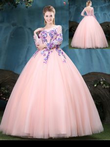 Scoop Long Sleeves Lace Up Quinceanera Dress Baby Pink Tulle