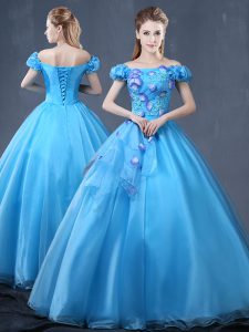 Off the Shoulder Baby Blue Short Sleeves Appliques Floor Length 15 Quinceanera Dress