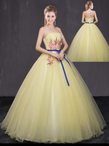 Yellow Tulle Lace Up Strapless Sleeveless Floor Length Quince Ball Gowns Appliques