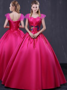 Hot Pink Lace Up Quinceanera Dresses Appliques Cap Sleeves Floor Length