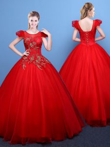 Scoop Appliques Vestidos de Quinceanera Red Lace Up Short Sleeves Floor Length