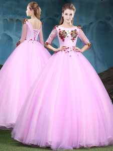 Baby Pink Lace Up Scoop Appliques 15 Quinceanera Dress Tulle Half Sleeves