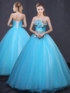 Baby Blue Ball Gowns Tulle Strapless Sleeveless Appliques Floor Length Lace Up 15th Birthday Dress