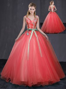 Comfortable Sleeveless Appliques and Belt Lace Up Quince Ball Gowns