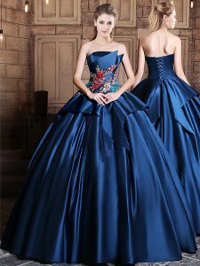 Navy Blue Sleeveless Floor Length Appliques Lace Up 15th Birthday Dress