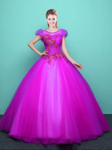 Glamorous Scoop Fuchsia Short Sleeves Tulle Lace Up Sweet 16 Dresses for Military Ball and Sweet 16 and Quinceanera
