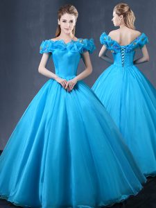 Enchanting Baby Blue Sweet 16 Dress Military Ball and Sweet 16 and Quinceanera with Appliques Off The Shoulder Cap Sleeves Lace Up