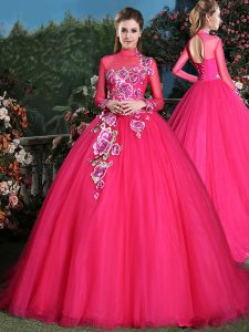 Romantic Tulle Long Sleeves With Train Quinceanera Dresses Brush Train and Appliques