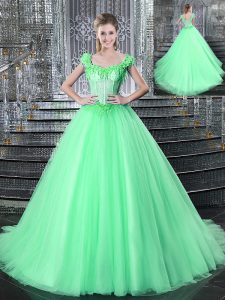 Straps Sleeveless Brush Train Beading and Appliques Lace Up Quinceanera Gown