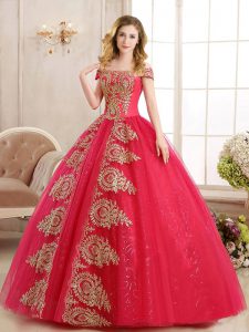 Modern Off the Shoulder Red Ball Gowns Appliques and Sequins Quinceanera Dresses Lace Up Tulle Sleeveless Floor Length